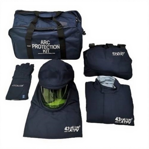 Class 4 arc flash kit rated 43 cal per square centimetre with bib coverall, hood, gloves and bag