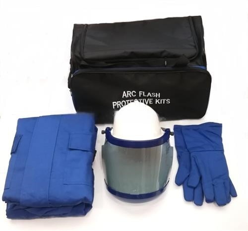 Electric arc flash kit Class II rated 12.4 cal per square centimetre with jacket, trousers, helmet and shield