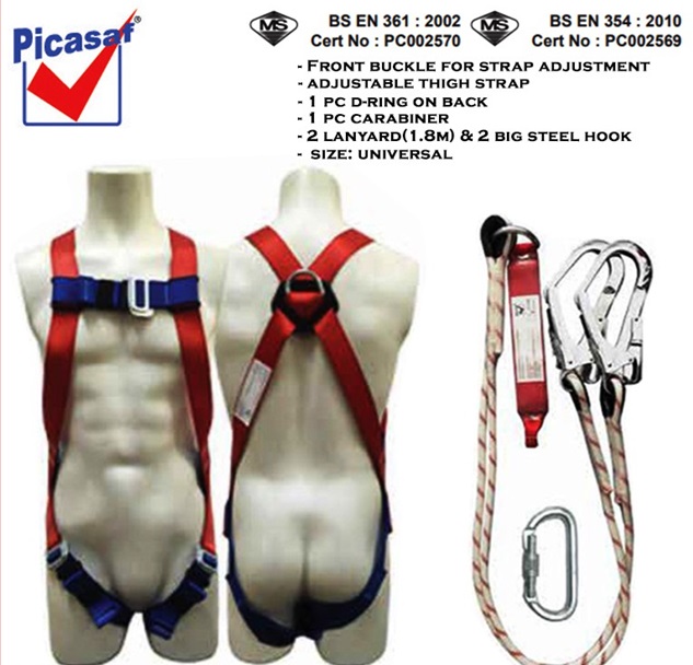 Picasaf full body harness with double lanyard, energy absorber and large steel hooks, SIRIM approved