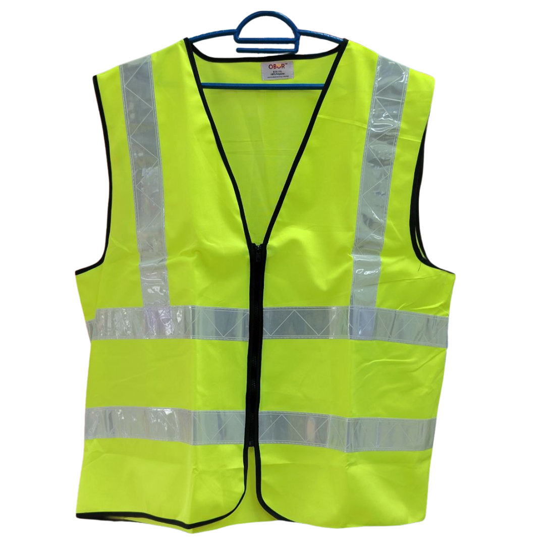 Neon yellow high visibility safety vest with zipper front and silver reflective bands